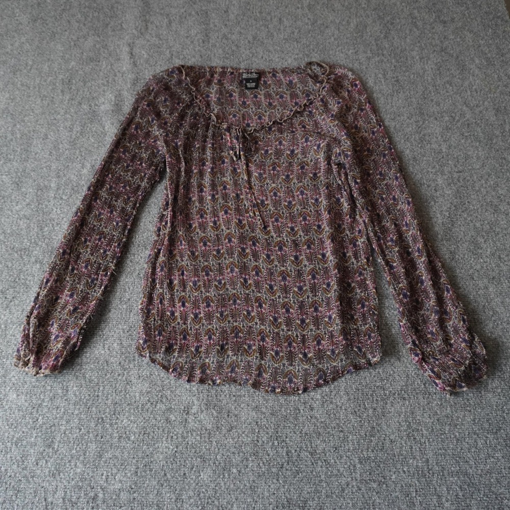 Lucky Brand Paisley Blouse Small Bohemian Ruffle Trim Long Sleeve Top